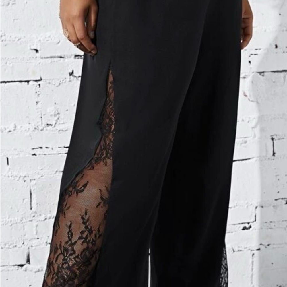 Black Lace Panel Capris with Side Slit